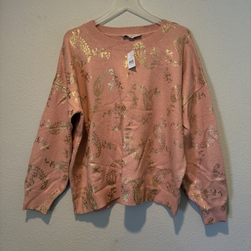 Loft Womens XL Pink Gold Foil Paisley Floral Crewneck Sweater Pullover NWT